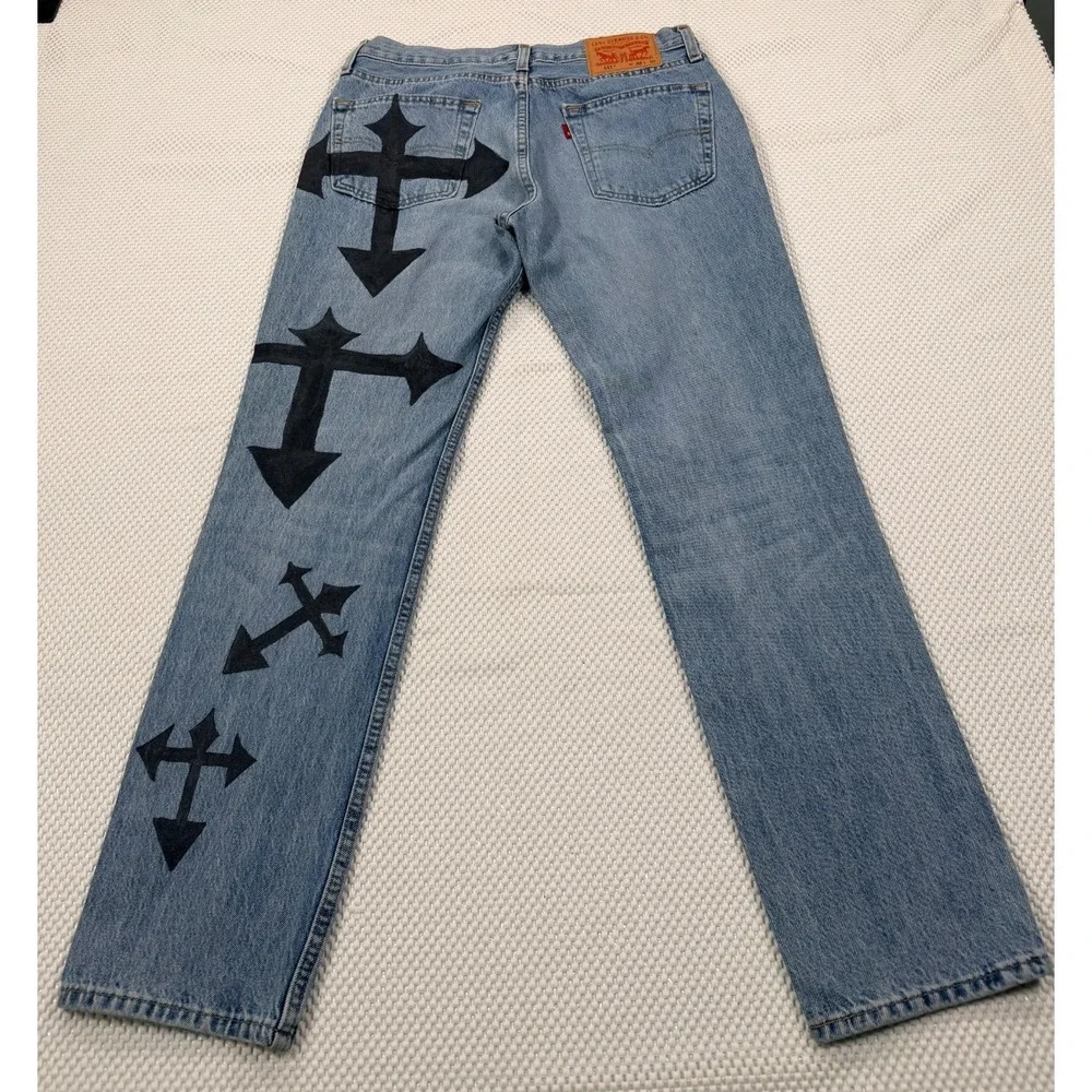 Levi's 511 Slim Jeans W32 L30 Light Wash Custom Cross Graphic Denim Pants
